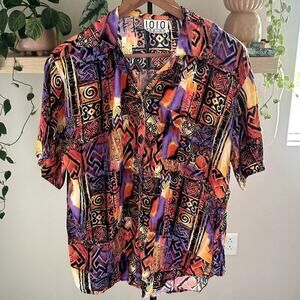 IOIO Womens Unique Vintage Rayon Shirt S Abstract Tribal Print Button Up Boho